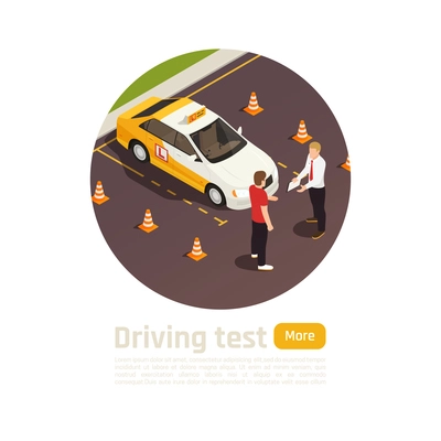 Driving school isometric round composition with circle view of student and instructor characters near training vehicle vector illustration