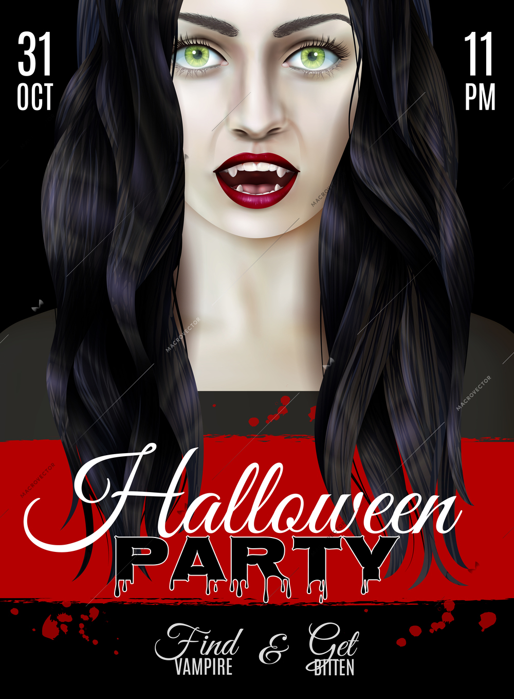 Halloween party poster with scary woman wearing vampire teeth realistic vector illustration