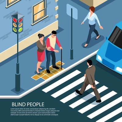 Blind man on tactile tiles assisted by pedestrian ready to cross busy street isometric composition vector illustration
