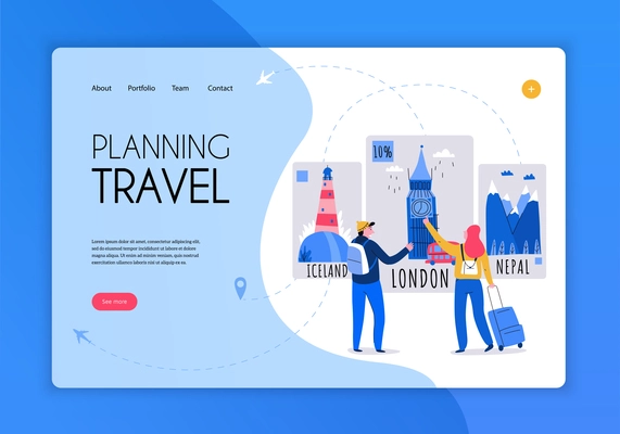Tourism travel booking concept banner or landing page with planning travel headline and see more button vector illustration