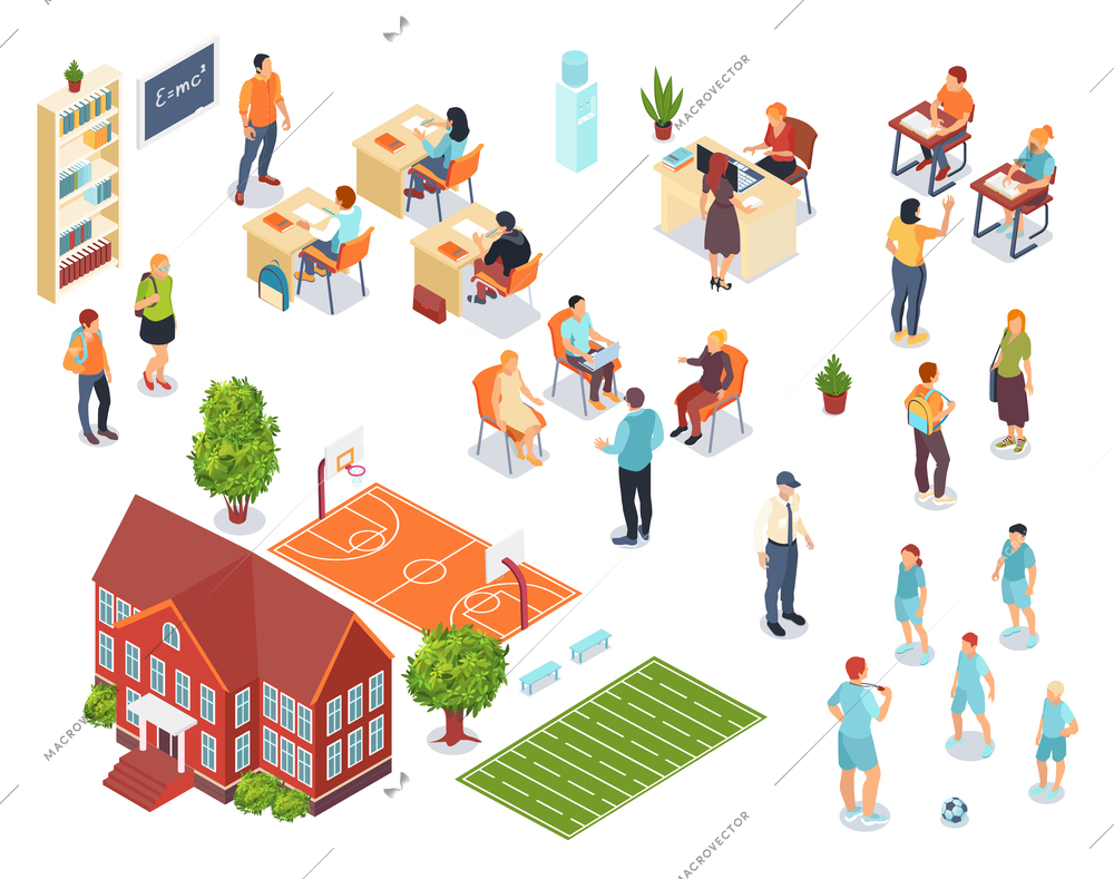 School isometric set of sports ground schoolhouse teacher and pupil characters isolated vector illustration