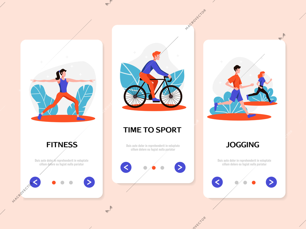 Fitness sport active lifestyle benefits 3 flat vertical web banners set with jogging and cycling vector illustration