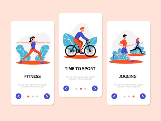 Fitness sport active lifestyle benefits 3 flat vertical web banners set with jogging and cycling vector illustration