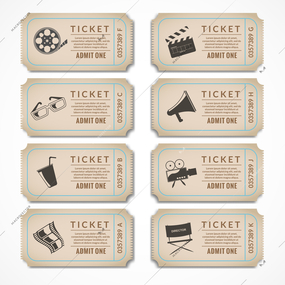 Retro movie cinema ticket banners with vintage camera popcorn isolated vector illustration.