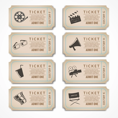 Retro movie cinema ticket banners with vintage camera popcorn isolated vector illustration.