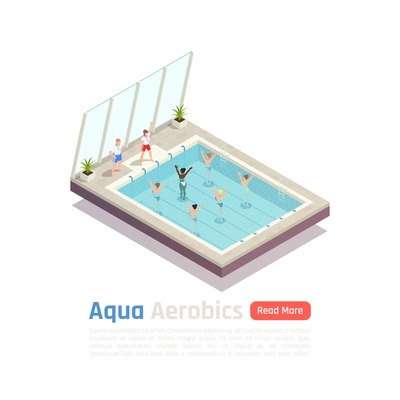 Exclusive water aerobic weight loss exercise class for women with aqua fitness instructors isometric composition vector illustration