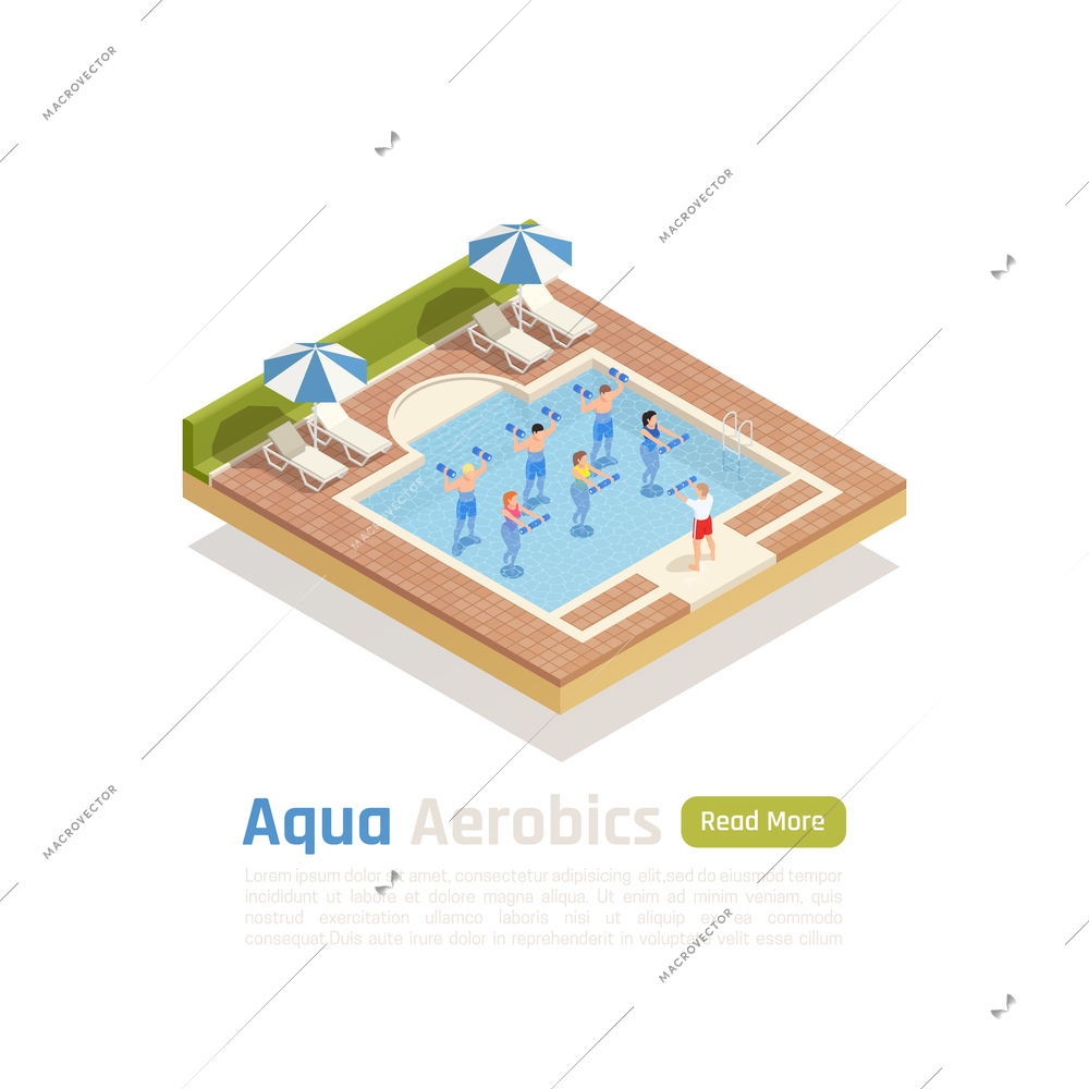 Water aerobics workout with weights isometric composition with aqua training class in outdoor swimming pool vector illustration