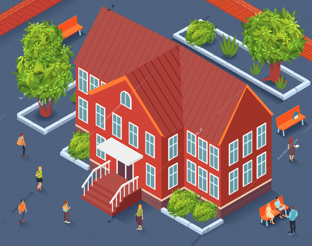 School territory isometric fragment of city constructor with school building in center trees and benches around vector illustration