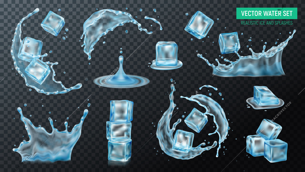 Realistic ice cubes water splash set with isolated images of liquid on transparent background with text vector illustration