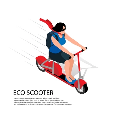 Eco scooter isometric illustration with young woman driving at high speed on personal transport vector illustration