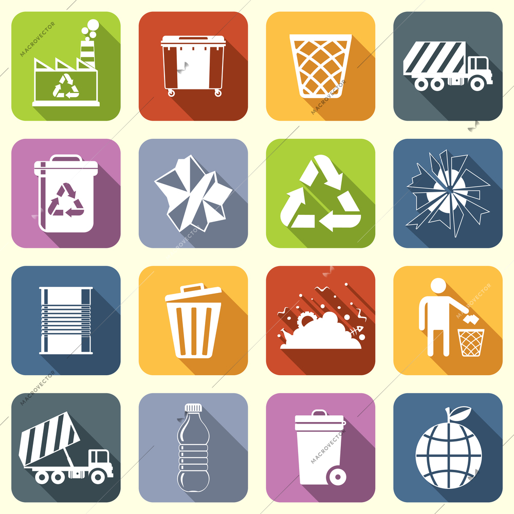 Garbage rubbish green recycling symbols flat interface icons set isolated vector illustration