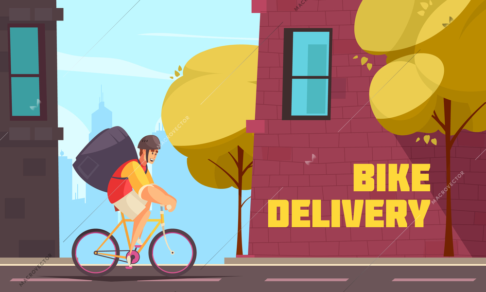 Delivery motorcycle composition with city street scenery and delivery boy running bike with bag and text vector illustration