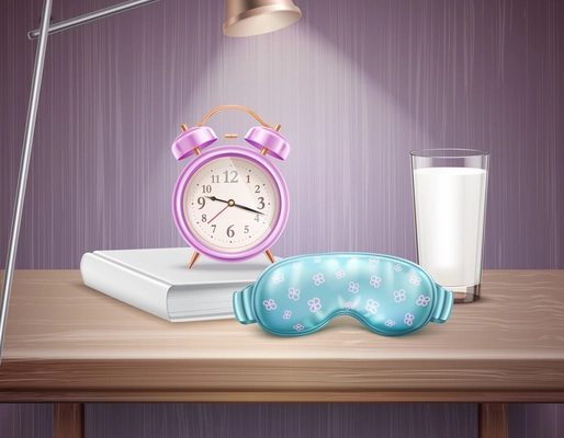 Sleep accessories alarm clock book and glass of milk on bedside table realistic composition vector illustration