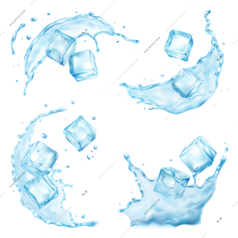 Realistic ice cubes water splash set with isolated images of liquid flow drops on blank background vector illustration