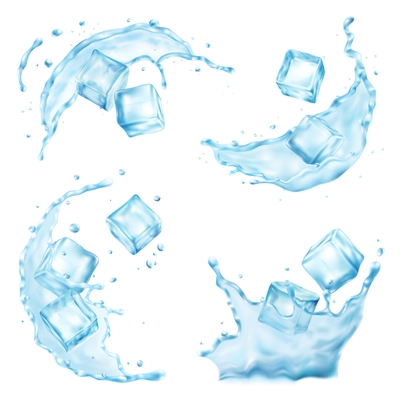 Realistic ice cubes water splash set with isolated images of liquid flow drops on blank background vector illustration