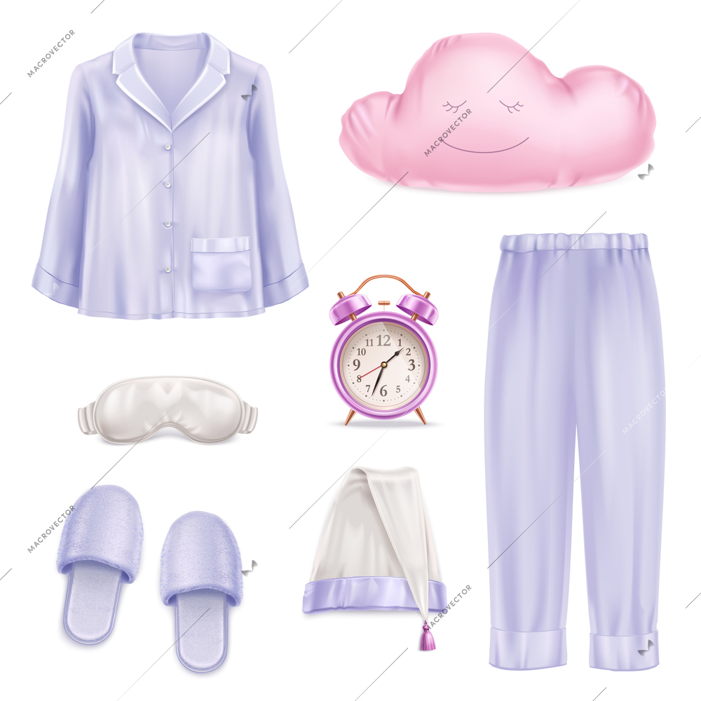 Sleep accessories set with realistic pastel color pyjamas slippers mask pillow alarm clock hat isolated on white background vector illustration