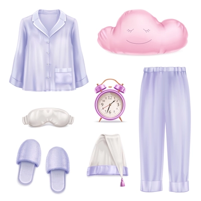 Sleep accessories set with realistic pastel color pyjamas slippers mask pillow alarm clock hat isolated on white background vector illustration