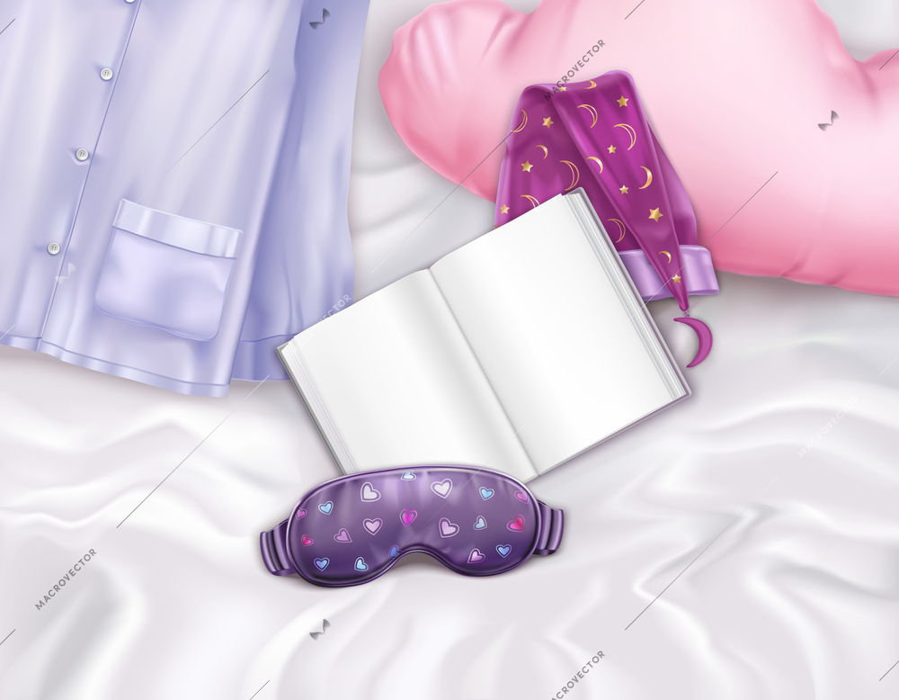 Realistic composition with sleep accessories pillow and book on bed vector illustration
