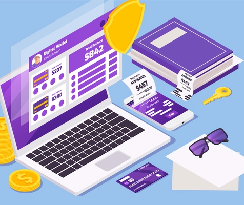 Online payment isometric composition with icons and pictograms for instant transactions personal account on computer screen vector illustration