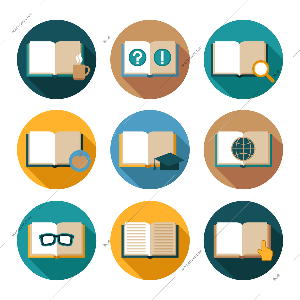 Book literature publishing bookstore flat icons set with  isolated vector illustration