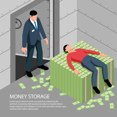 Money storage isometric background with bank employee watching client lying on pile of banknotes vector illustration