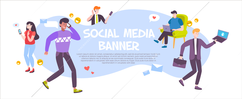 Modern gadgets horizontal banner with people talking on phone and chatting on social network flat vector illustration