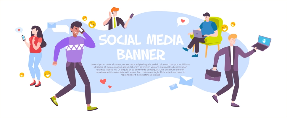 Modern gadgets horizontal banner with people talking on phone and chatting on social network flat vector illustration