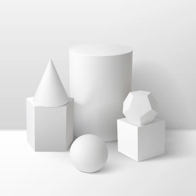 Basic stereometry shapes monochrome composition Including cube cylinder sphere prism cone and dodecahedron 3d vector illustration