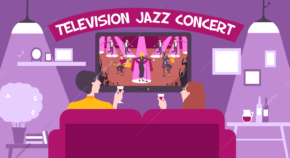 Tv concert show composition with television jazz concept headline and romantic setting vector illustration