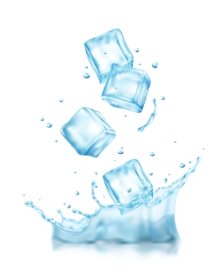 Realistic ice cubes splashes composition with view of cubes falling into cold water with drops vector illustration