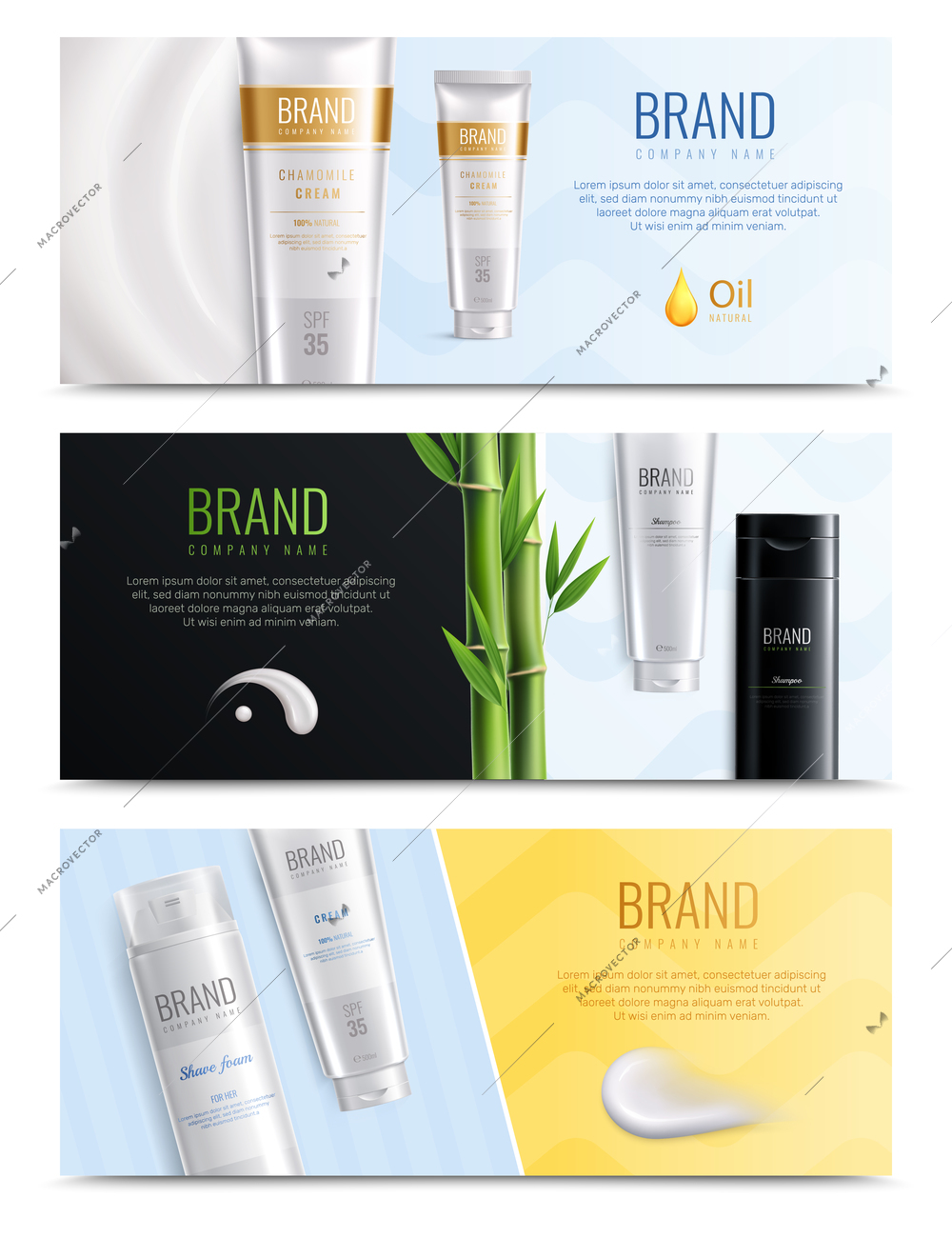 Three horizontal realistic cosmetic smears banner set with place for headline and tubes of cosmetics vector illustration