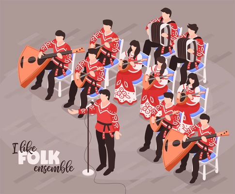 Folk ensemble performance isometric compositions with singer and musicians playing traditional instruments in national costumes vector illustration
