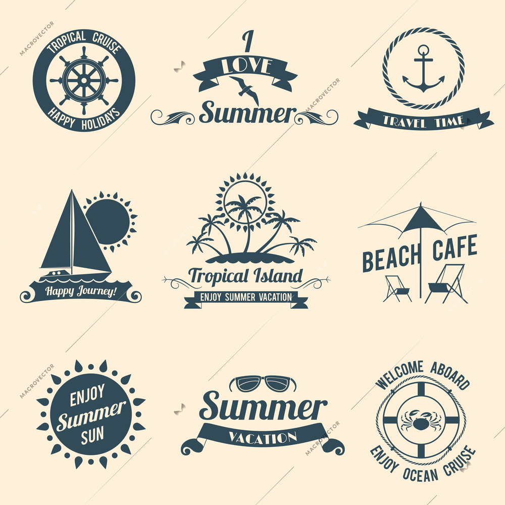 Summer sea retro vacation tropical cruise happy holidays black emblems set isolated vector illustration