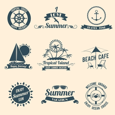 Summer sea retro vacation tropical cruise happy holidays black emblems set isolated vector illustration