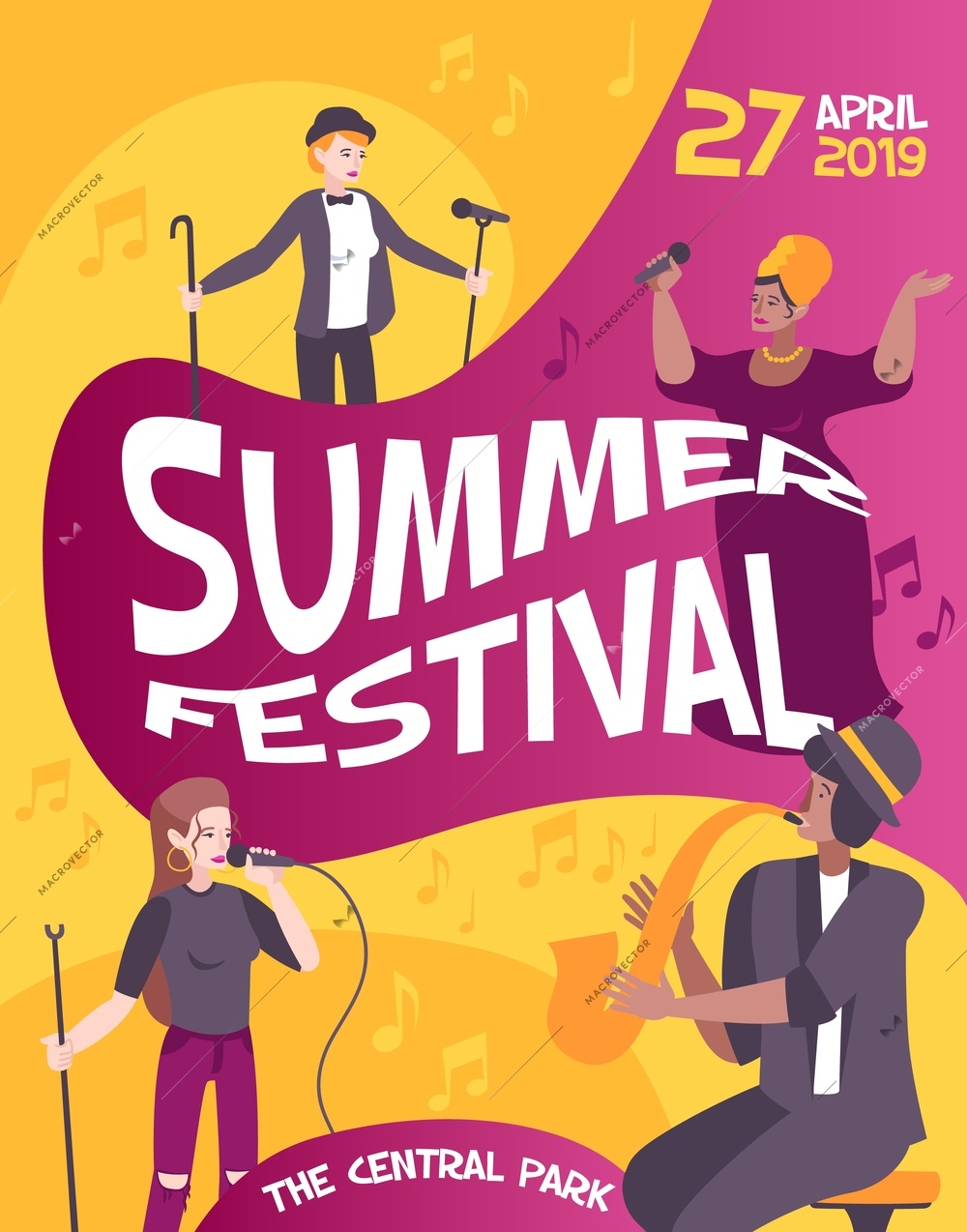 Colored poster concert with bright colors summer festival headline and date of concert vector illustration