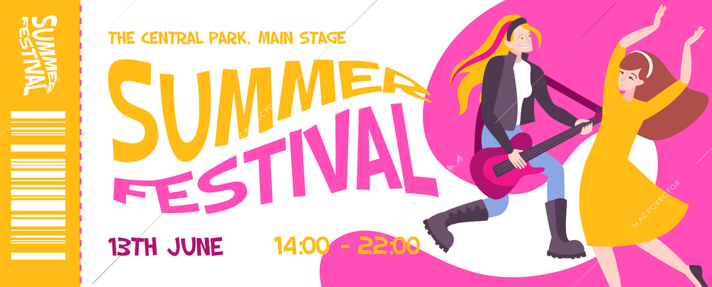 Ticket concert composition with the central park main stage summer festival description and date of concert vector illustration