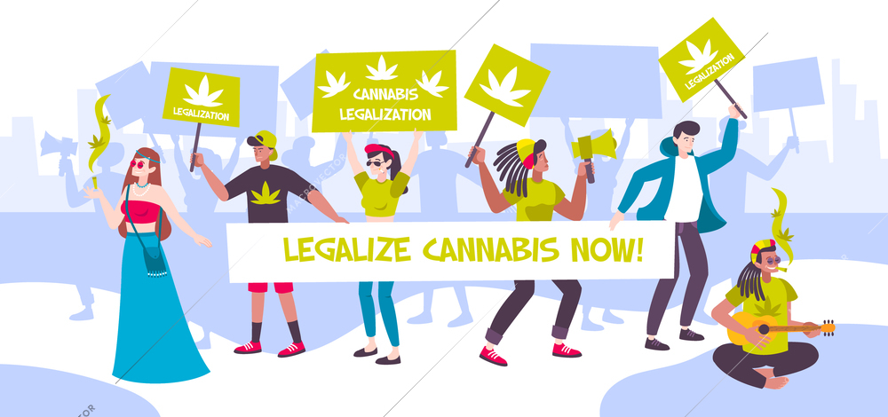 Manifestation meeting cannabis legalization composition with people and banners legalize cannabis now vector illustration