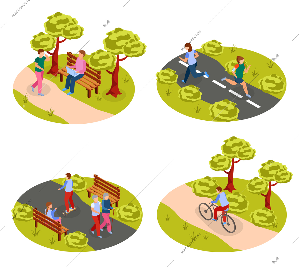 City people outdoor activities 2 round isometric icons concept with walking cycling jogging in park vector illustration