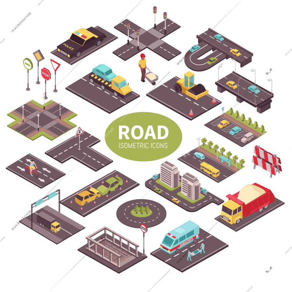 Round composition of road isometric constructor elements with barriers cars road signs text and city buildings vector illustration