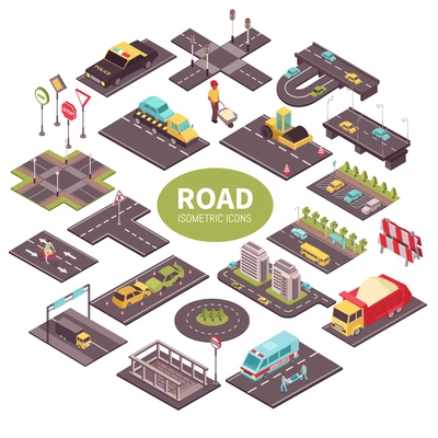 Round composition of road isometric constructor elements with barriers cars road signs text and city buildings vector illustration