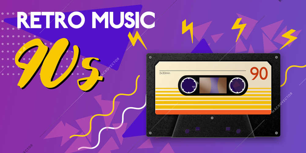 Realistic vintage music horizontal poster composition with image of cassette 90s silhouette shapes and editable text vector illustration