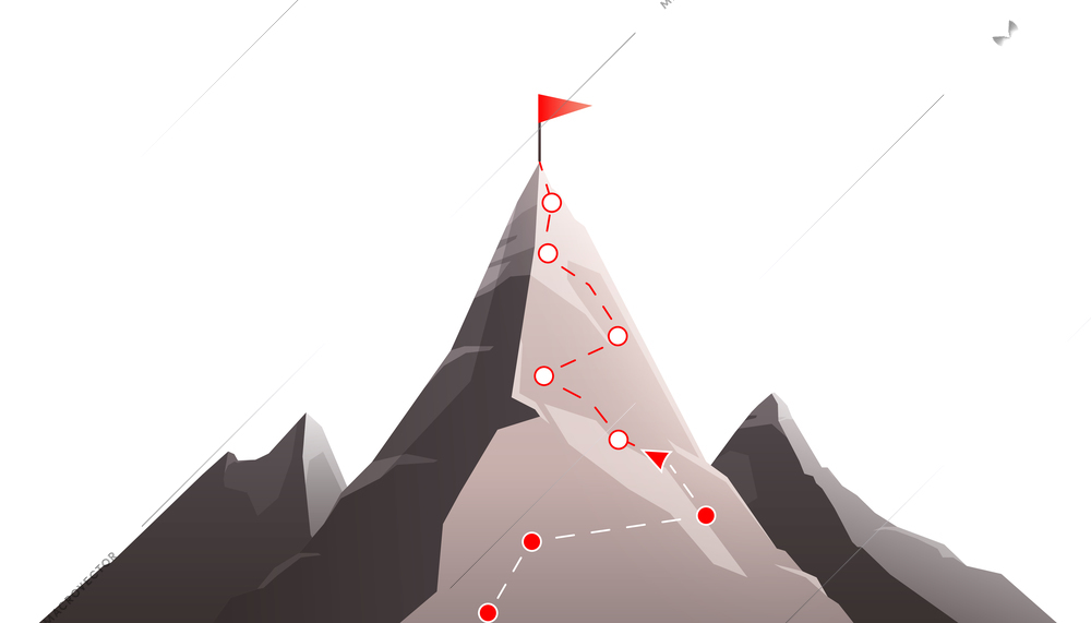 Mountains goal achievement concept flat composition with image of mountain and dashed line route with flag vector illustration