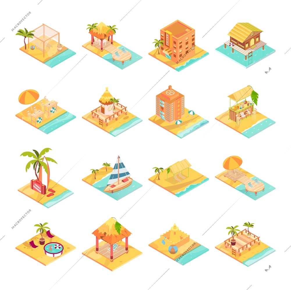 Tropical rest isometric icons set with sea resort symbols isolated vector illustration