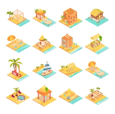 Tropical rest isometric icons set with sea resort symbols isolated vector illustration