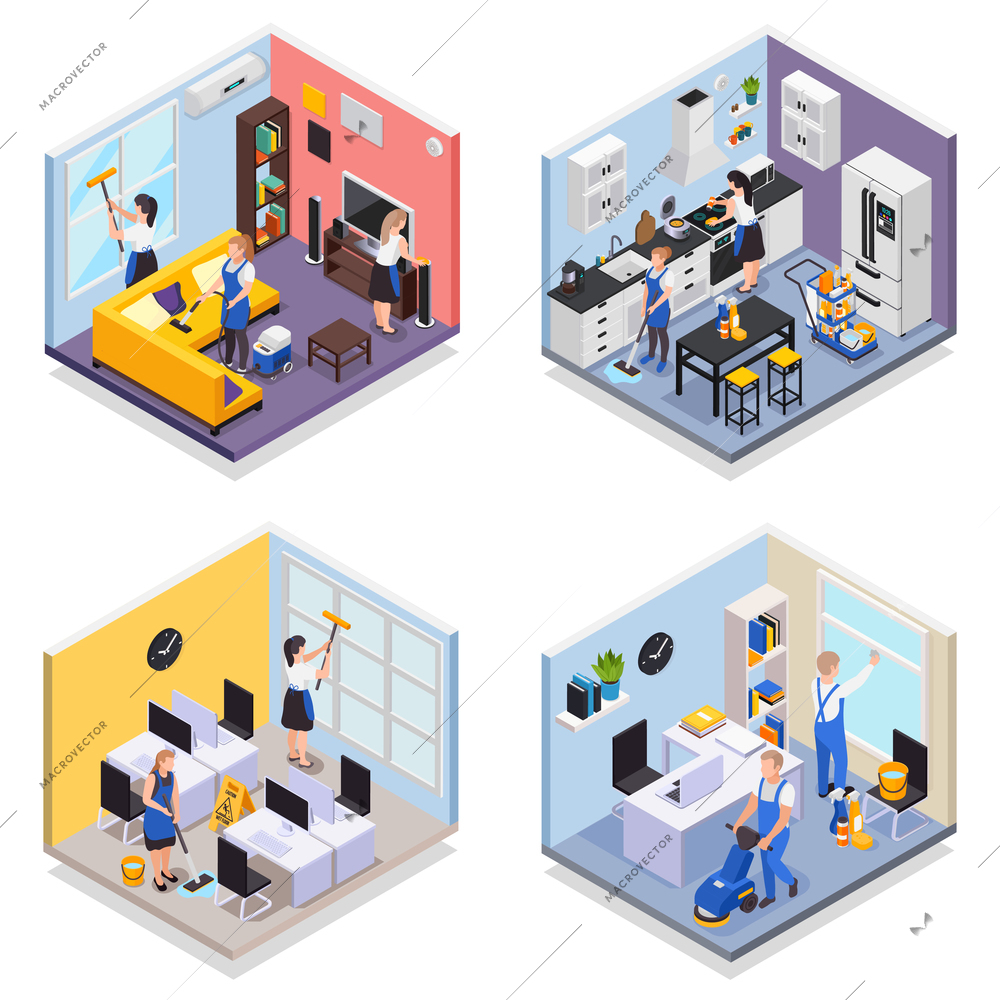 Professional cleaning service isometric set of four isolated compositions with various rooms being cleaned by workers vector illustration