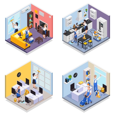 Professional cleaning service isometric set of four isolated compositions with various rooms being cleaned by workers vector illustration