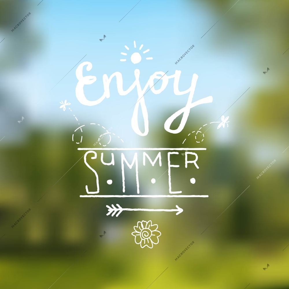 Green and blue summer background with vintage hand drawn enjoy summer label vector illustration