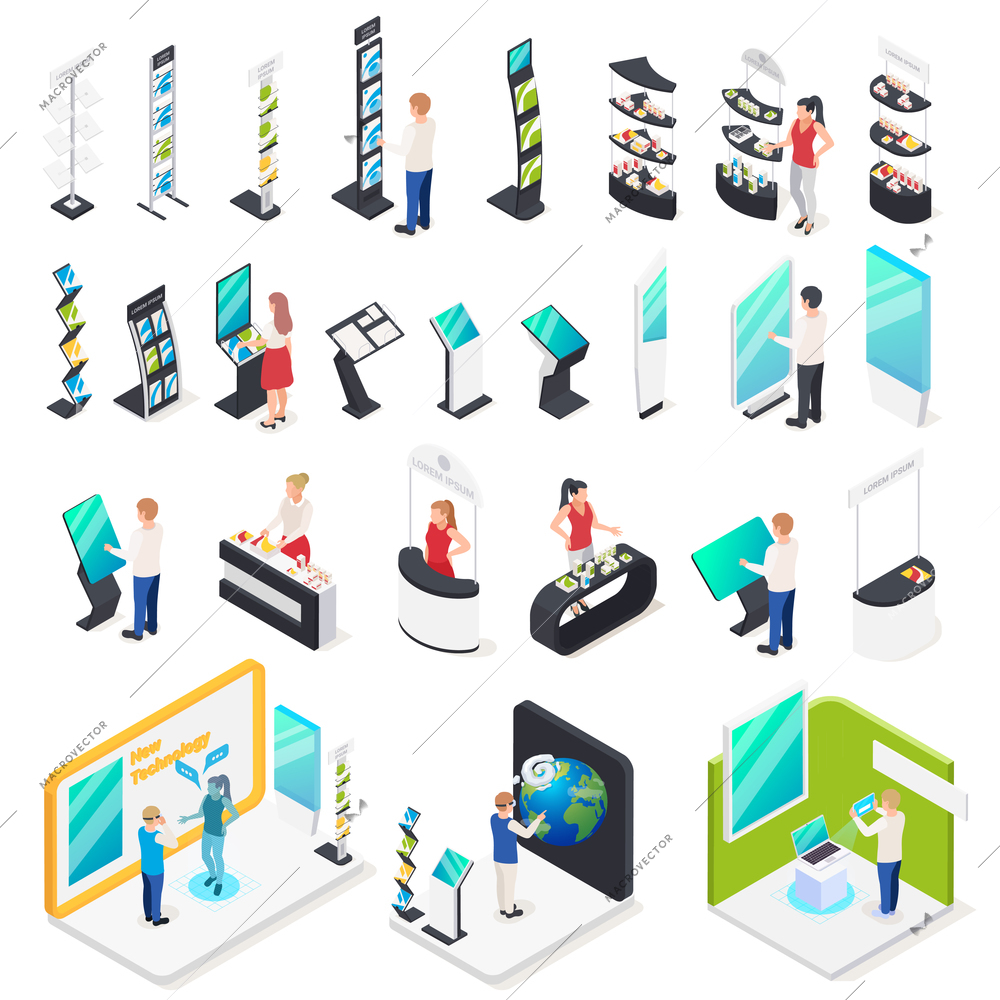 Modern exhibition promotion stands set of isometric images with various racks and cabinets with interactive screens vector illustration