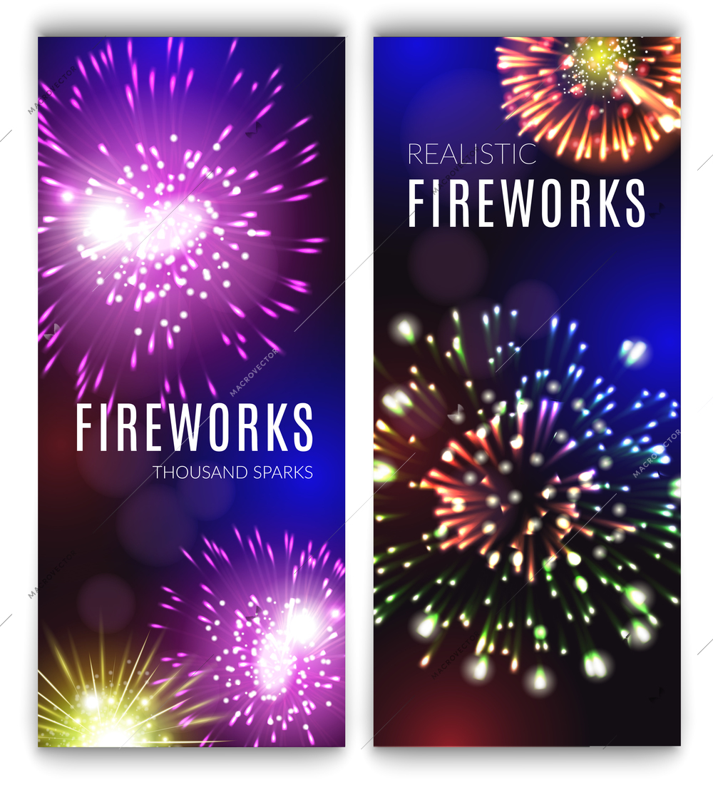 Fireworks vertical banners realistic set with holiday celebration symbols isolated vector illustration