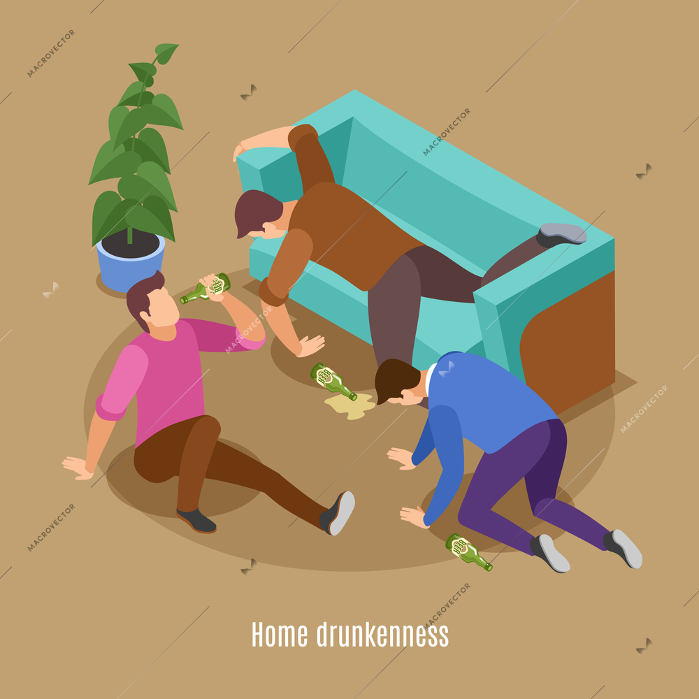 Isometric background with text and human characters of drunk people on floor and sofa with bottles vector illustration